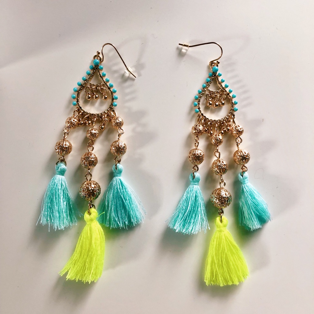 Gold Blue And Green 3 Fringe Statement Earrings